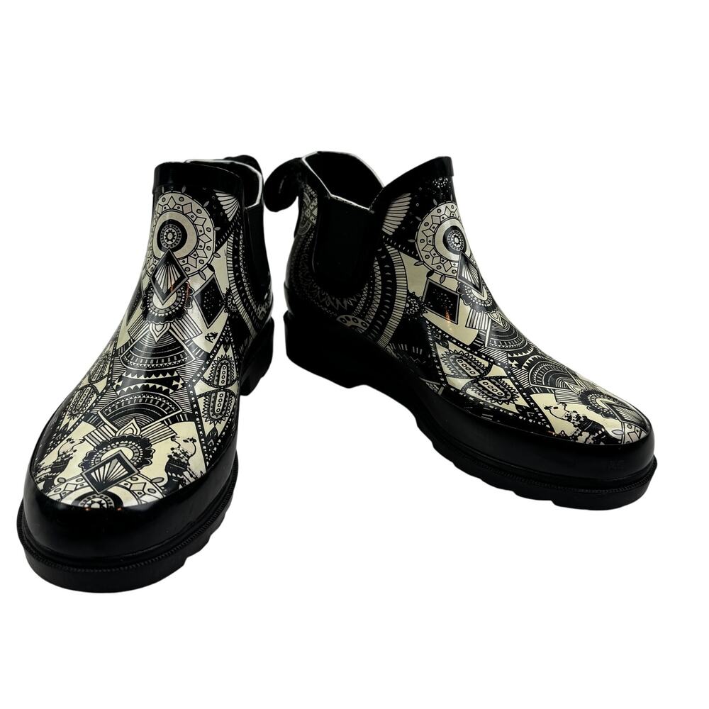 Sak Roots Boho Fun Garden Black White Rhyme Short Rain Boots Women's Size 7